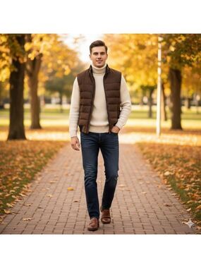 NEW Bugatti Brown Microsuede & Navy Merino Blend Full Zip Vest Size Large Luxe